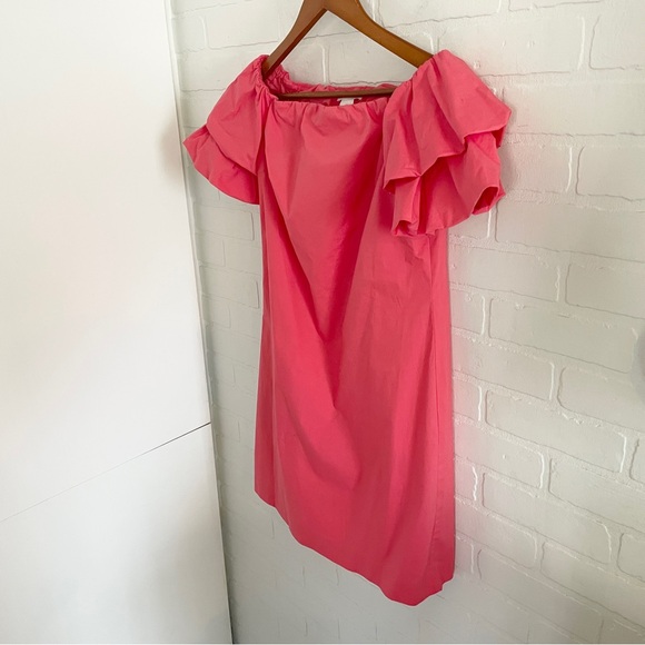 Club Monaco Statement Off-Shoulder Crisp Poplin Cotton Ruffle Micro Dress Coral - Picture 4 of 9